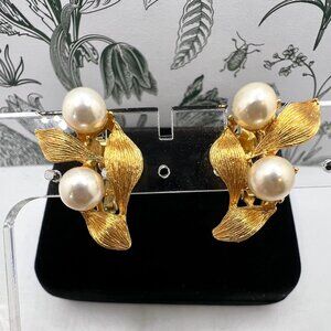 Napier Gold Leaves and Pearl CLIP Earrings